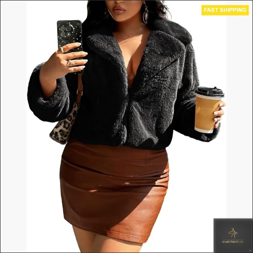 Faux Fur Cropped Jacket Shawl Collar Plush Winter Coat Chic Elegant